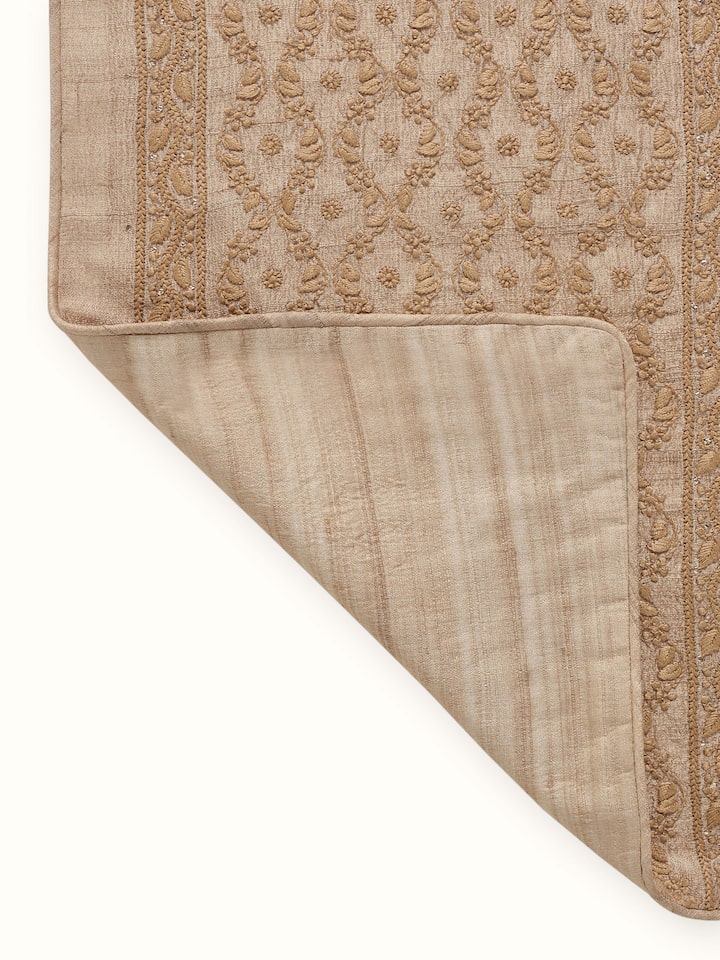 Pragya Beige Ogee Tussar Silk Chikankari Hand Embroidered Table Runner