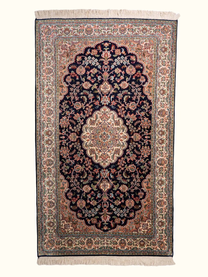 Traditional Persian Navy Blue Kashan Kashmir Silk Hand-Knotted Carpet