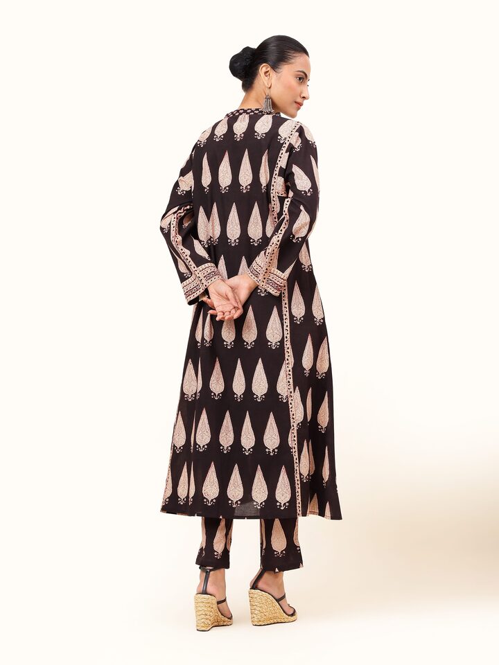 Black Cotton Bagru Block Printed Straight Pants