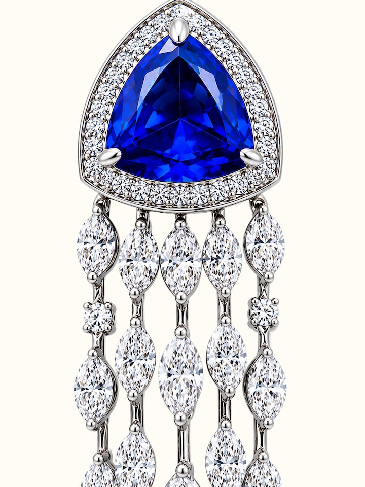 Detail view of Open Setting 14 Karat White Gold Set with Diamonds and Sapphires highlighting the stone setting and metalwork detail, with a slightl...