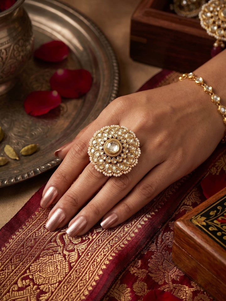 Styled view of Jadau Silver Ring worn on the finger, showing how it looks styled