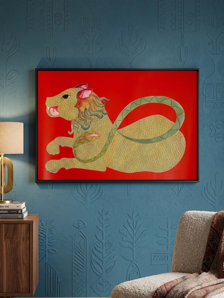 Styled view of King At Ease Gond Art displayed against a styled backdrop