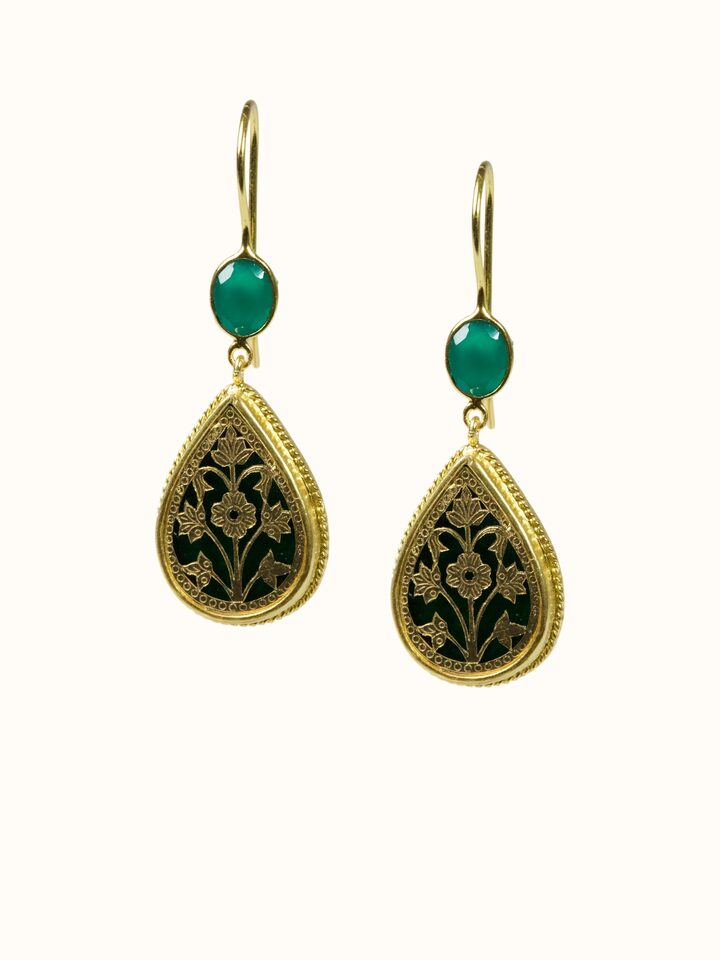 Front view of Thewa Silver Drop Earrings showing the complete piece and design