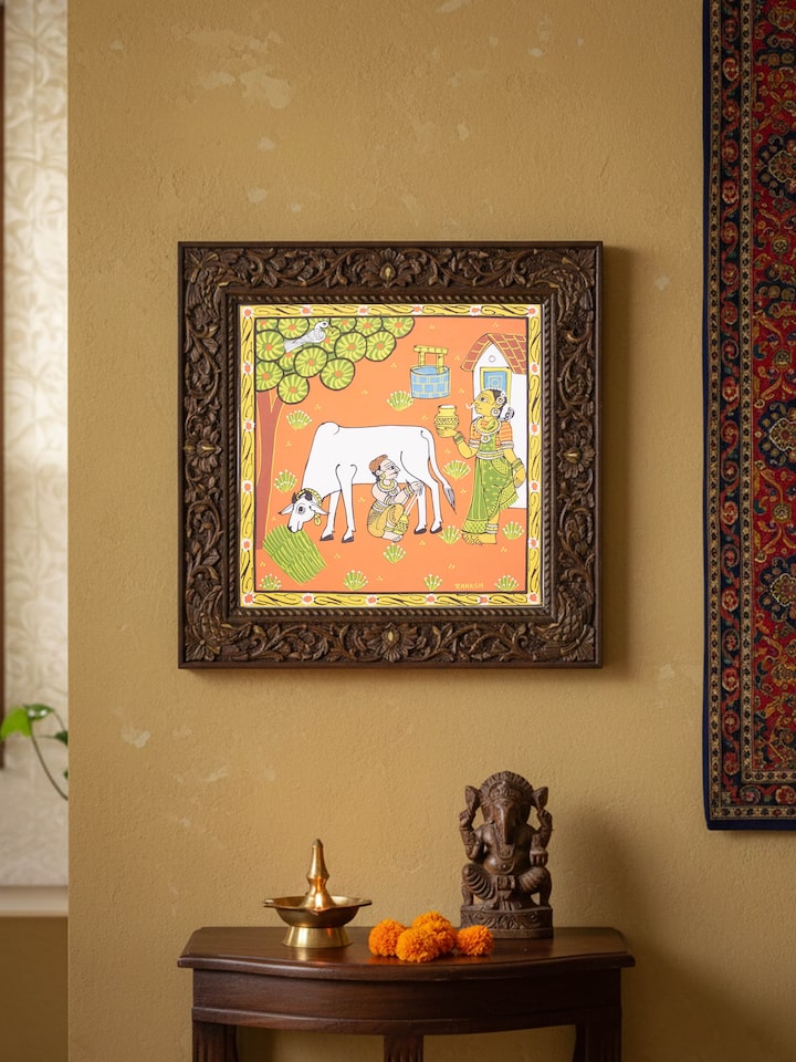 Lifestyle view of Wyra Cheriyal Cows Painting