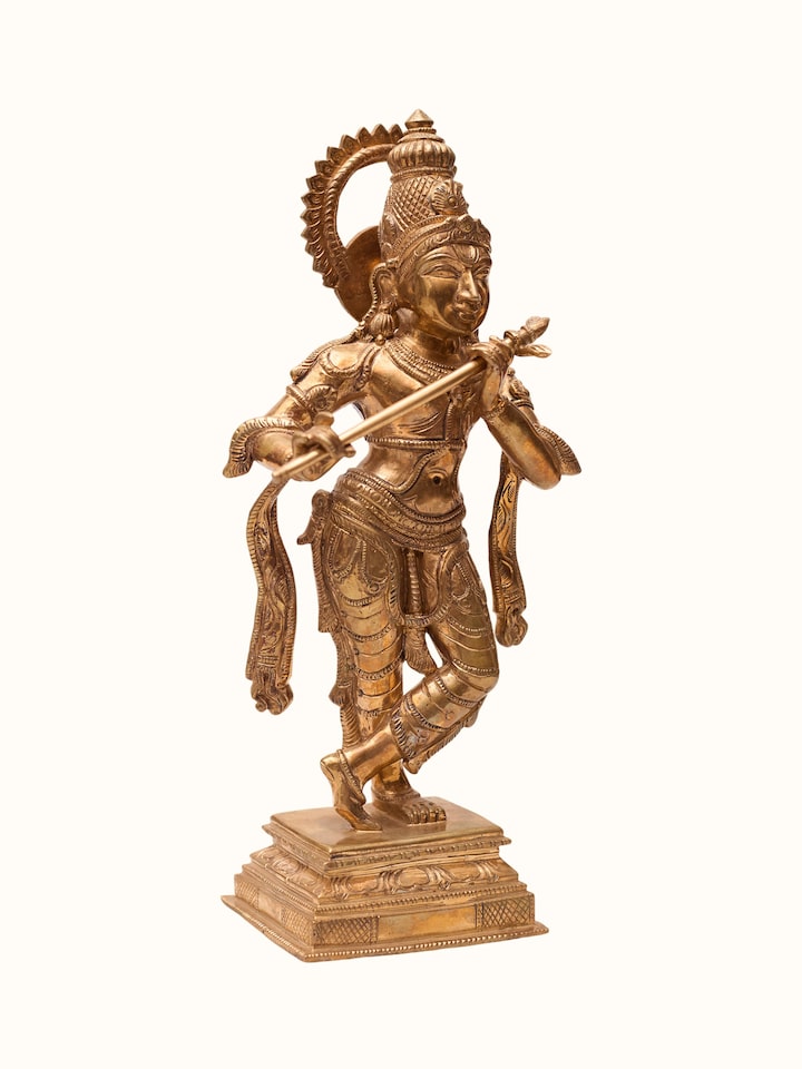 Angled view of the Bronze Cast Radha Krishna Idol