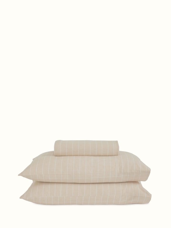 Keshod Handloom Cotton Beige Chambray Stripe Queen-size Bedsheet Set
