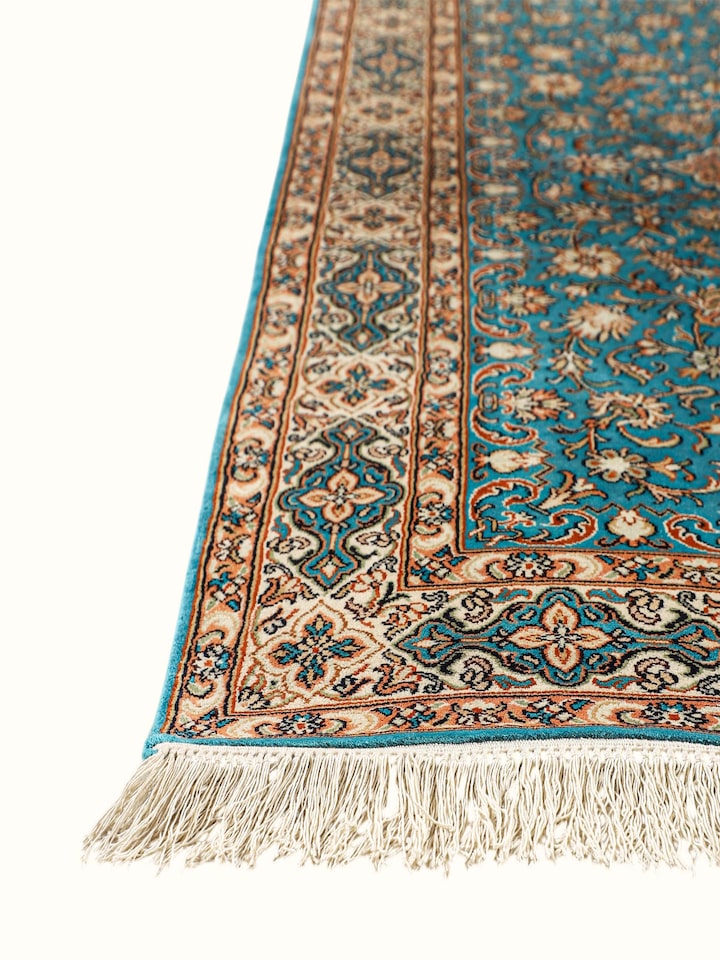 Top view of the Traditional Persian Turquoise Medallion Kashmir Silk Hand-Knotted Carpet