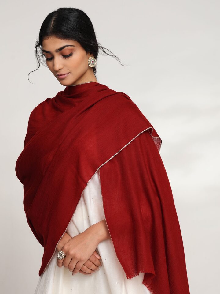 Alternate side view of maroon cashmere kaaj embroidered handwoven stole emphasizing craftsmanship