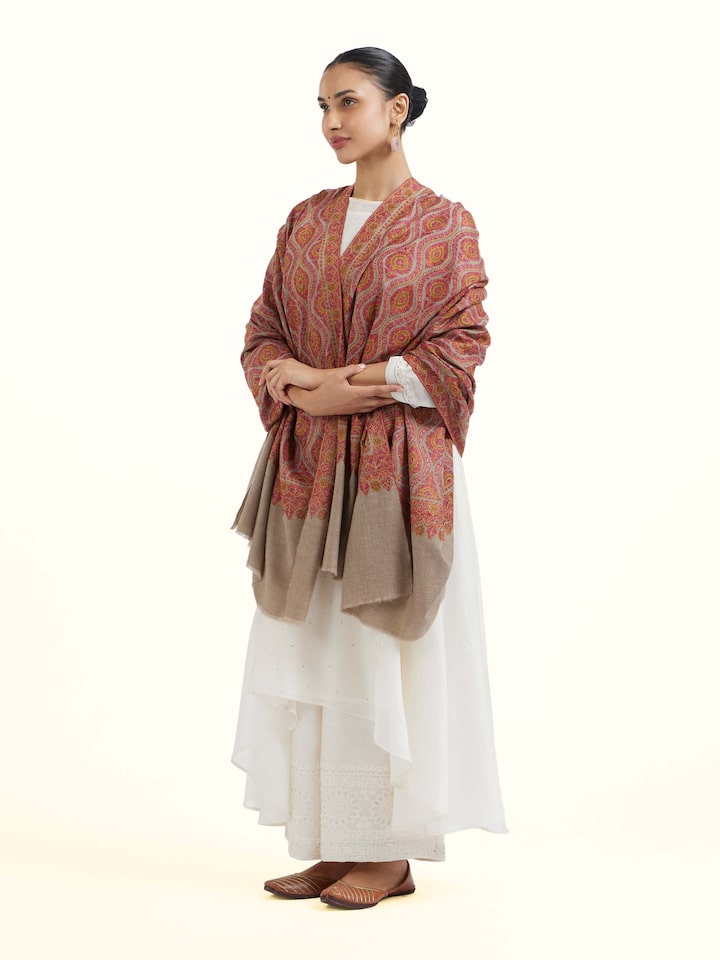 Side view of Natural Sozni Hand Embroidered Shawl highlighting the detailed craftsmanship and elegant silhouette