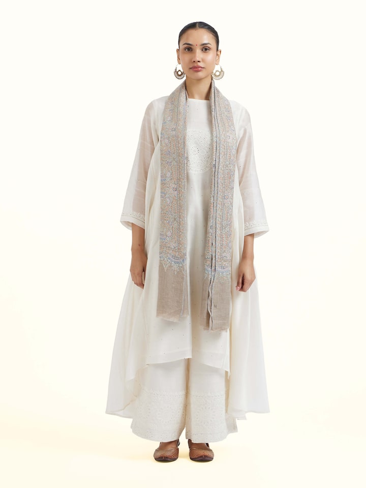 Front view of Brown Sozni Hand Embroidered Stole showing the full length and border pattern