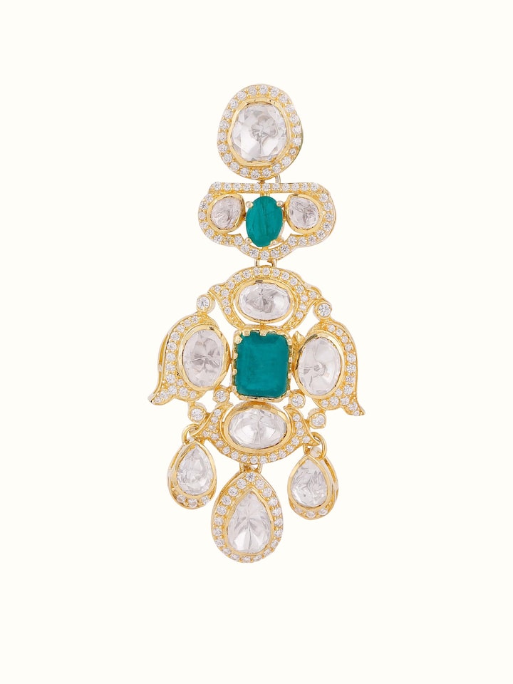 Front view of Dank Polki silver drop earrings