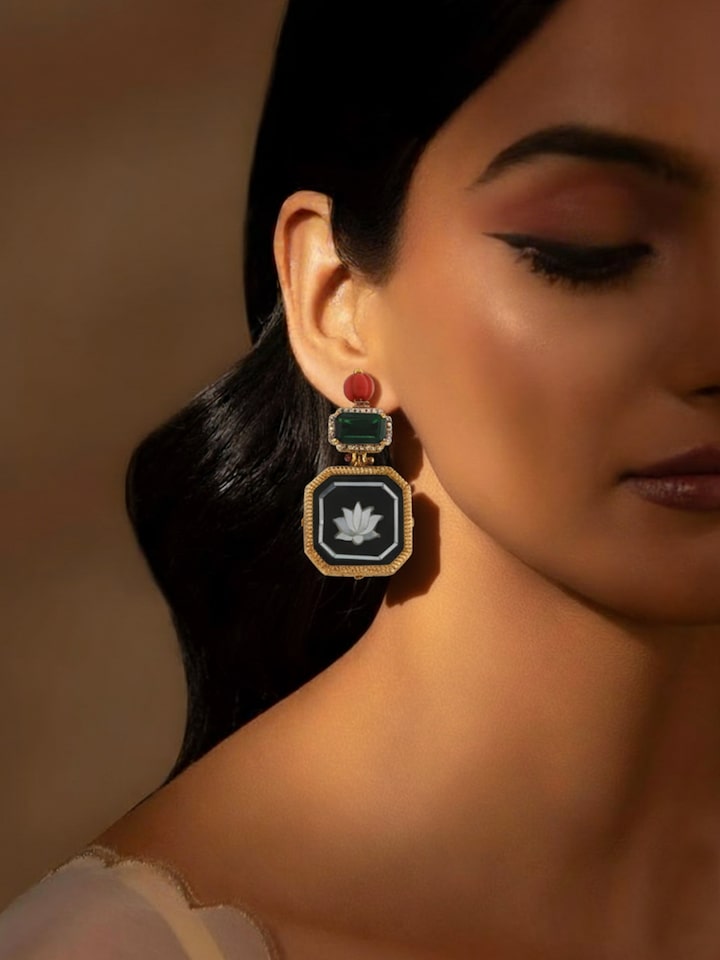 Lifestyle view of the Parchinkari Silver Drop Earrings