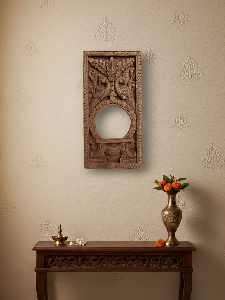 Alternate left-side view of the Wood Carved Mirror Panel Sculpture