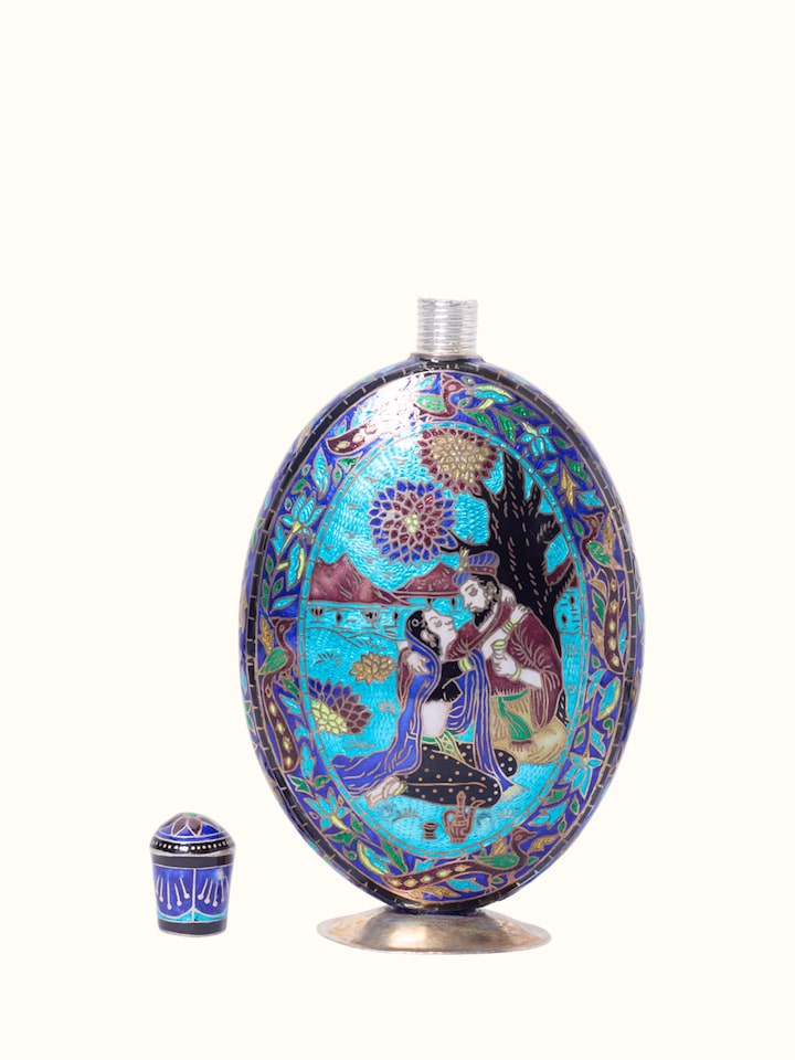 Close-up view of Enamelled High Gloss Silver Flask highlighting the handcrafted detailing and finish, from a different angle