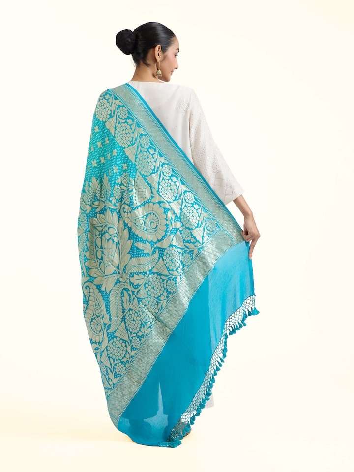 Back view of Turquoise Bandhani Tie & Dye Dupatta emphasizing the overall design and fine details