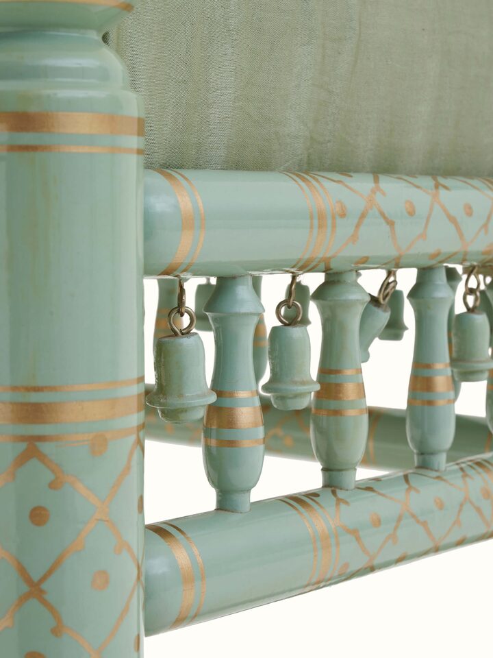 Close-up of Upholstered Teak Wood Sankheda Square Stool showing the texture of the upholstery