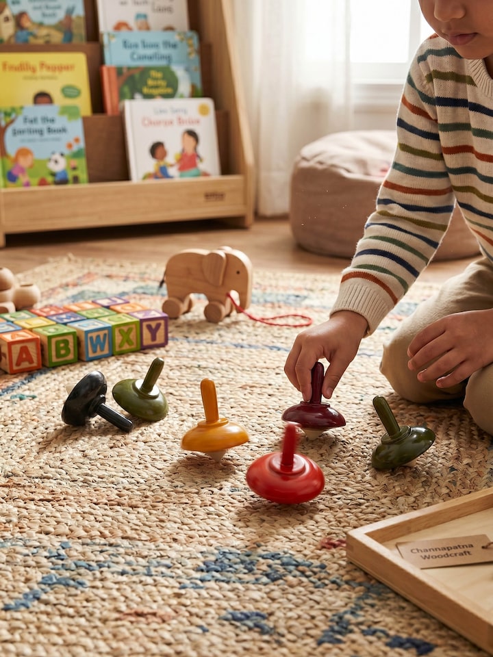 Left-side view of the Channapatna Ivory Wood Umbrella Spinning Toys (5 Pcs)