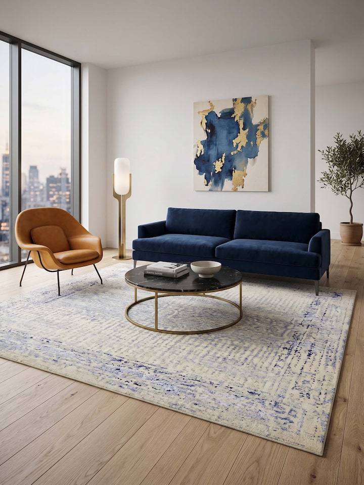 Styled view of Transitional Persian Grey Bhadohi Wool & Bamboo Silk Hand Knotted Rug styled in a room setting, from a different angle