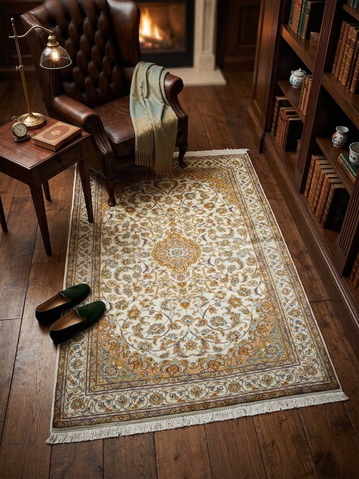 Lifestyle view of the Traditional Persian Ivory Rust Kashan Kashmir Silk Hand-Knotted Carpet