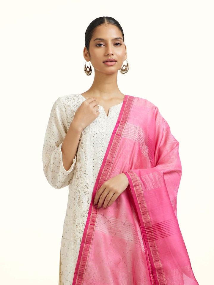 Angled view of the Fuschia Cotton Silk Maheshwari Zari Border Dupatta