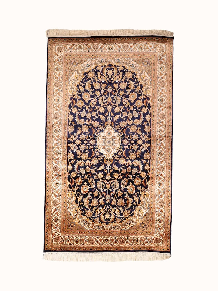 Front view of the Swadesh Traditional Persian Navy Beige Kashan Kashmir Silk Hand-Knotted Carpet