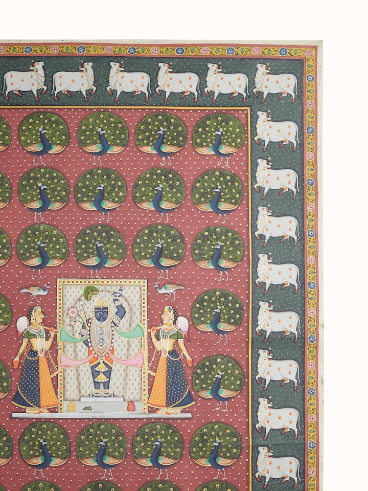 Detail view of the Shrinathji Darshan Dancing Pichwai Painting