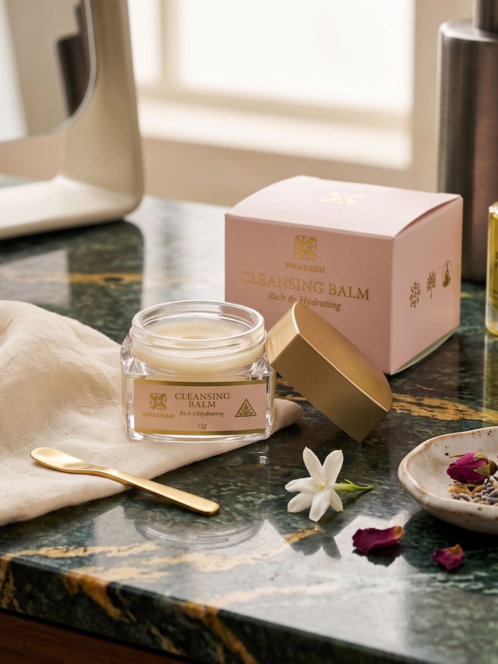 Styled view of Cleansing Balm Rich & Hydrating styled with related product elements, from a different angle