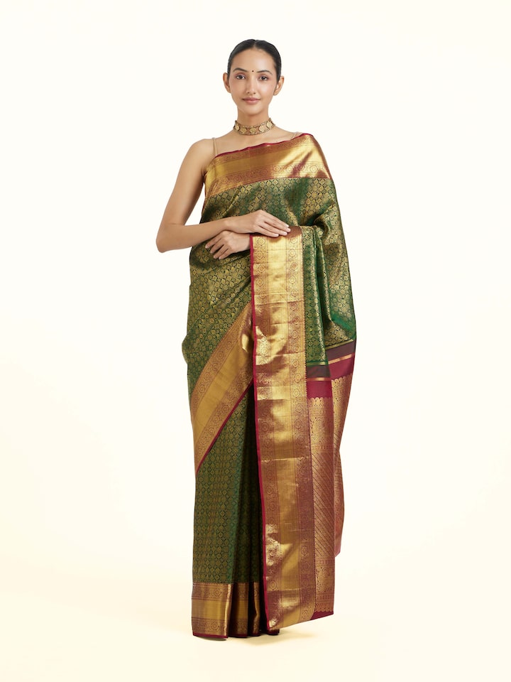 Front view of Green Kancheepuram Silk Zari Saree showing the full drape and pallu design