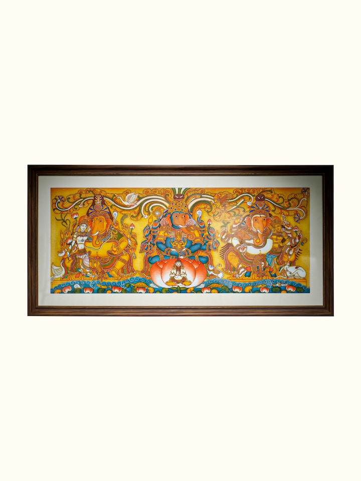 Front view of Thriguna Ganesha Kerala Mural Painting showing the complete artwork and composition
