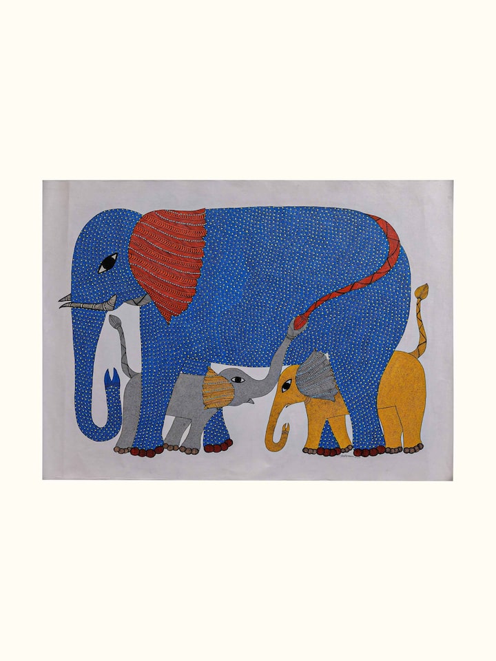 Front view of the The Elephant's Glory Gond Art