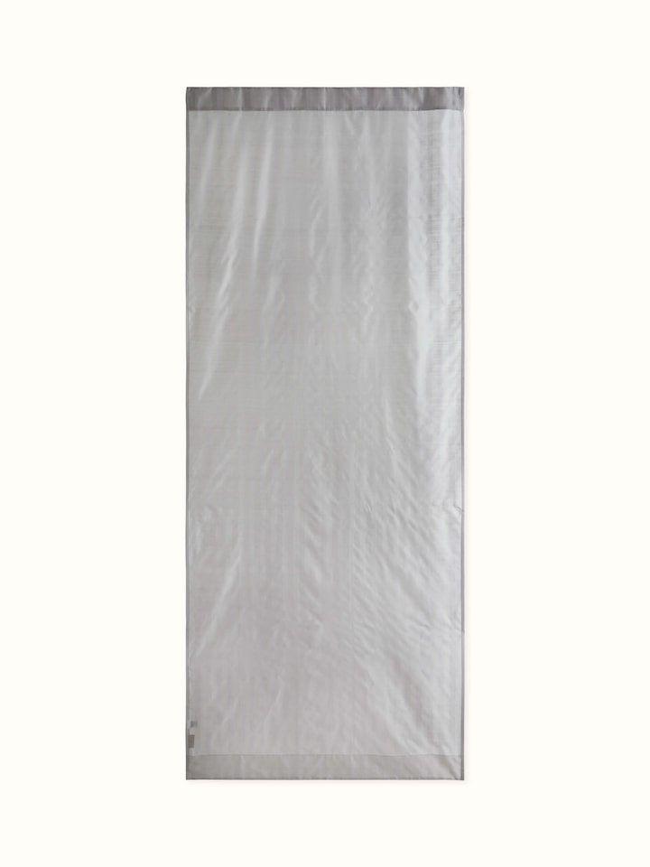 A full front view of the Pragya Grey Wide Stripe Maheshwari Handloom Sheer Curtain in nine-foot length, showcasing wide horizontal stripes and handwoven sheer texture.
