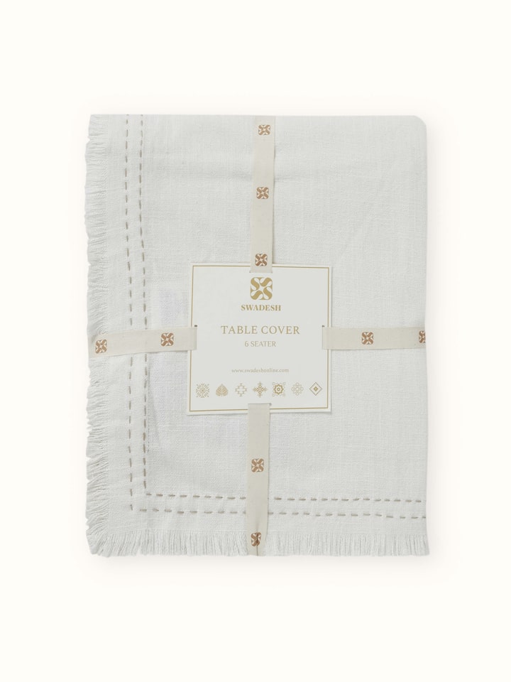 Nityam Ivory Cotton Slub Embroidered Table Cloth