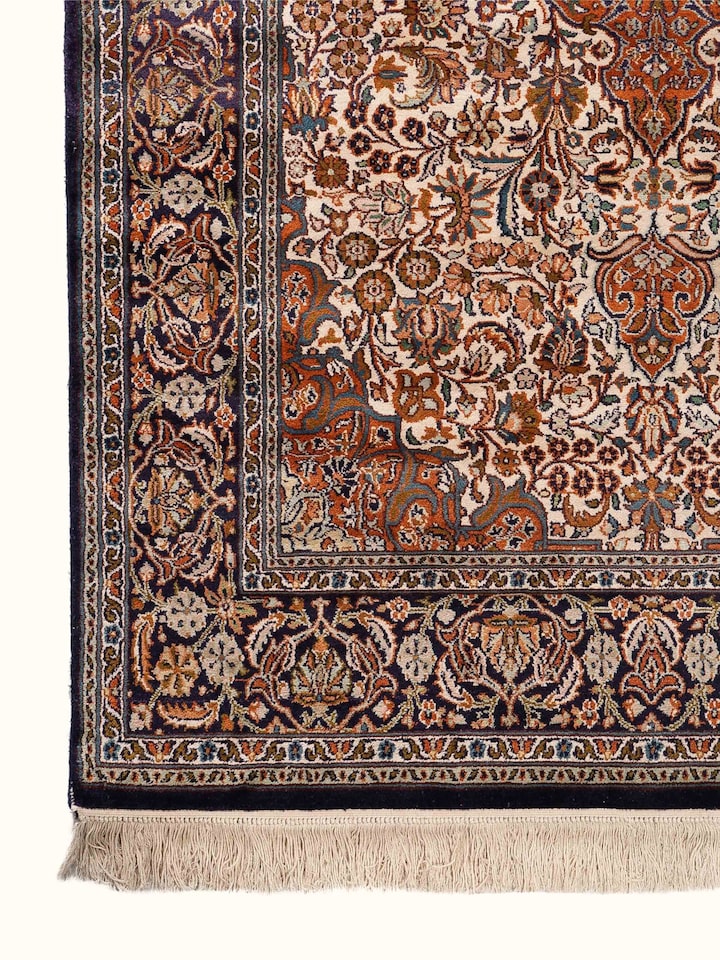 Traditional Persian Ivory Rust Kashan Kashmir Silk Hand-Knotted Carpet