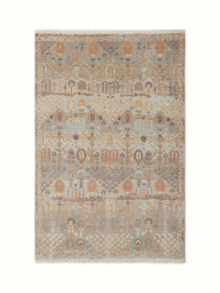 Distressed Transitional Silver Agra Wool & Viscose Hand-Knotted Carpet