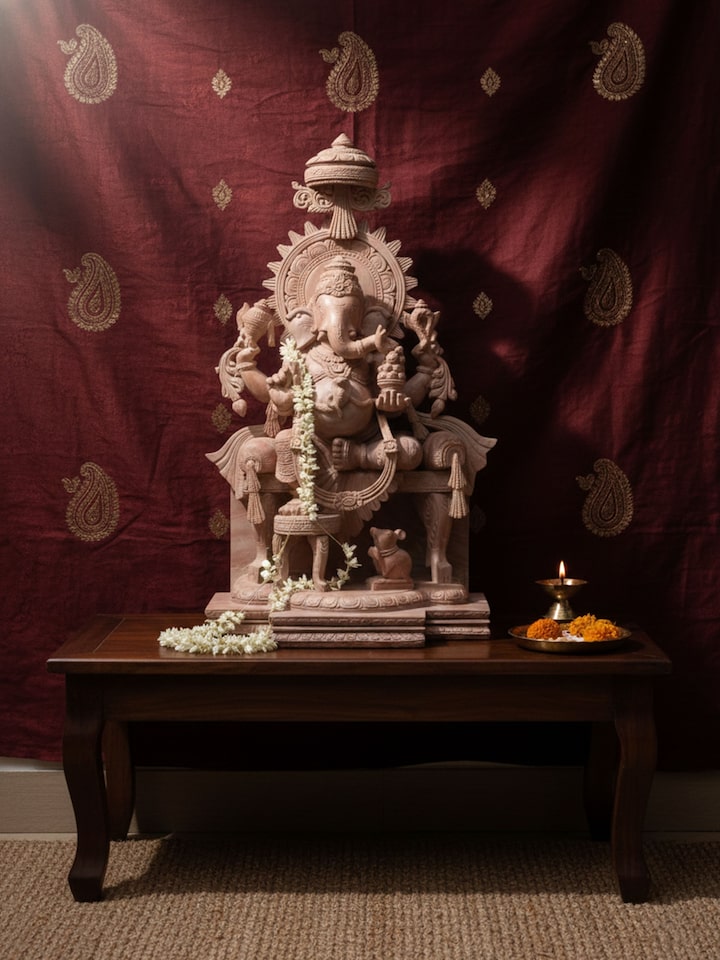 Left-side view of the Stone Carved Ganesha Idol