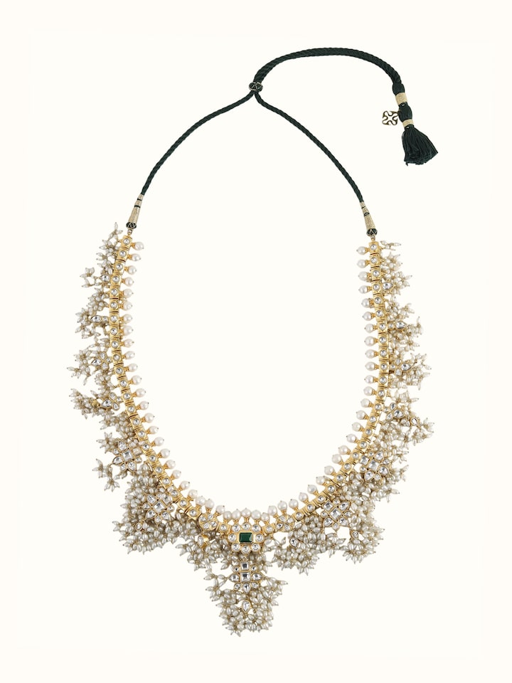 Front view of Guttapusalu silver long necklace