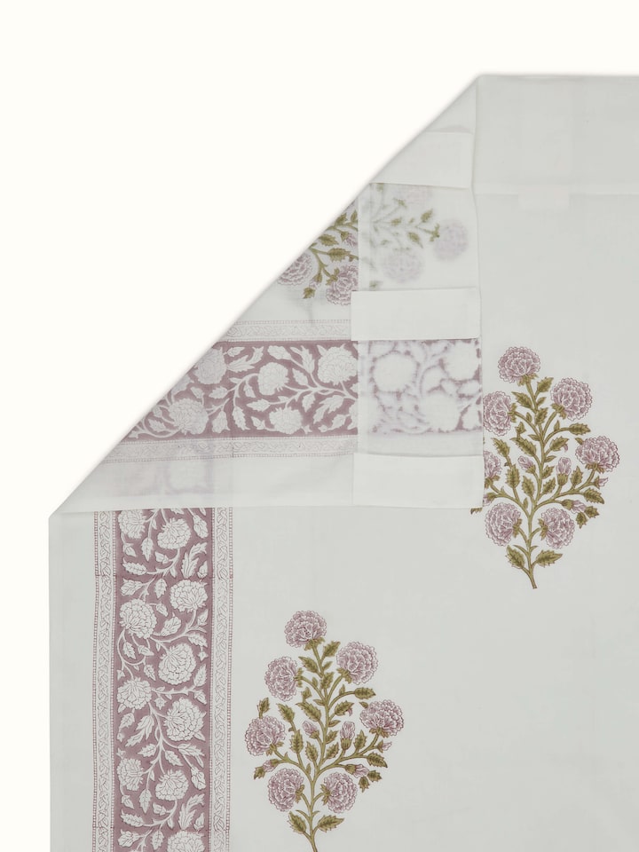 Back side view of Saha lavender floral Sanganeri hand block printed cotton curtain