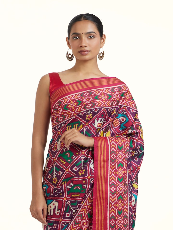 Angled view of the Silk Patan Patola Double Ikat Saree