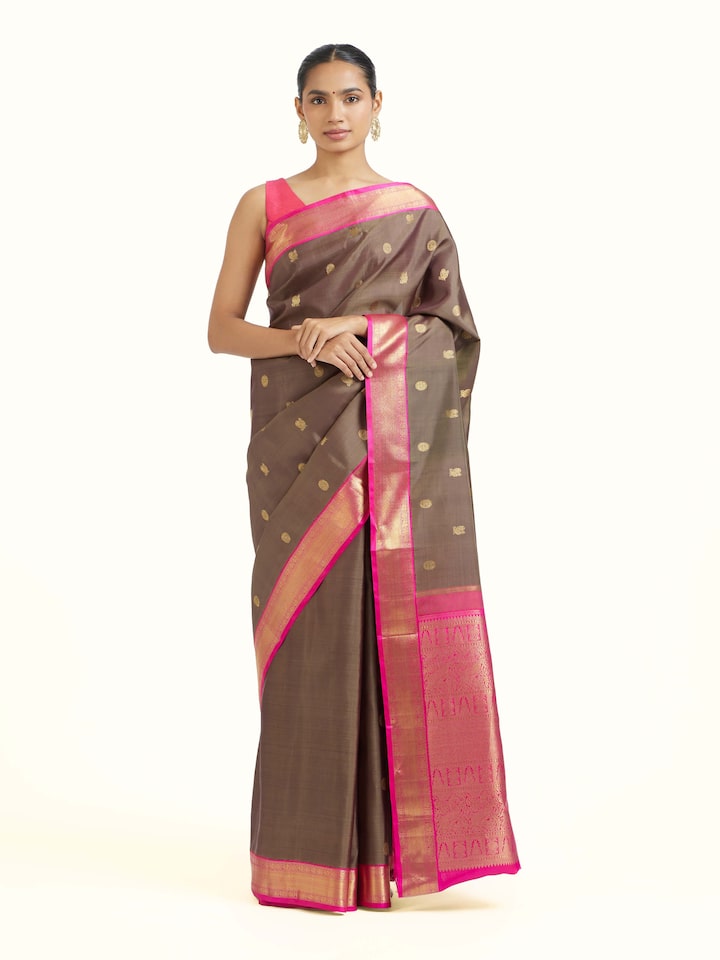 Front view of dark grey silk Kancheepuram saree with intricate zari motifs