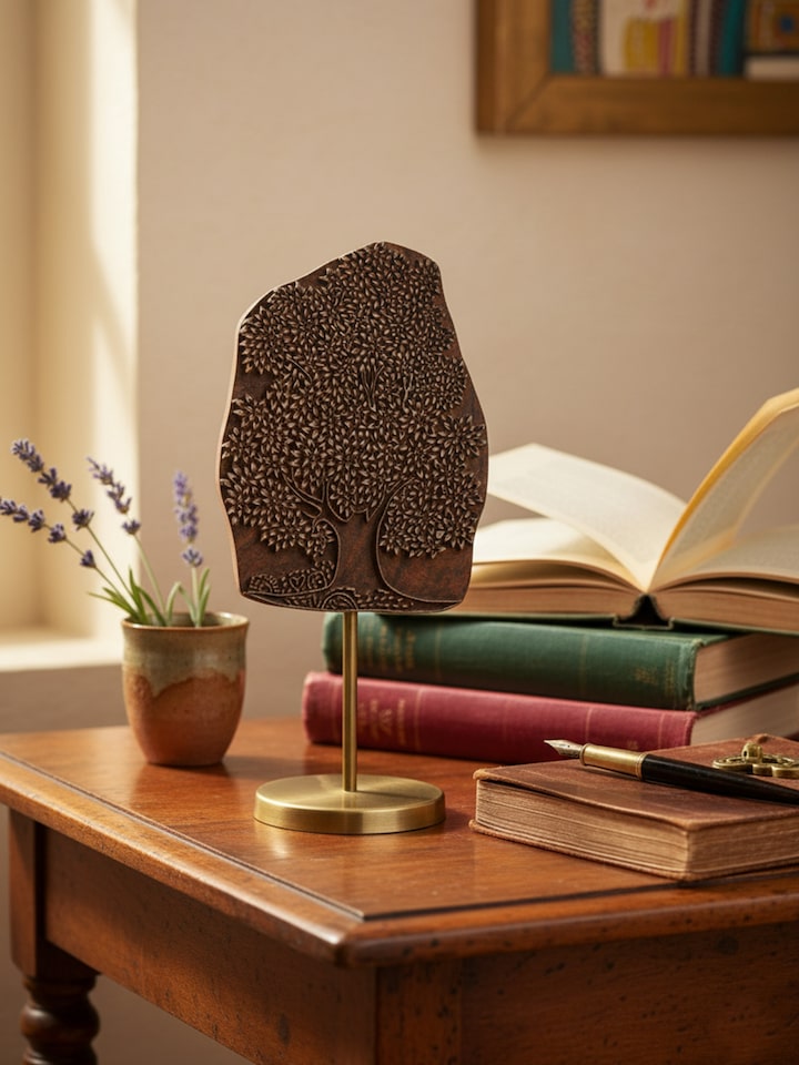 Lifestyle view of Sheesham Wood Carved Tree Wooden Block