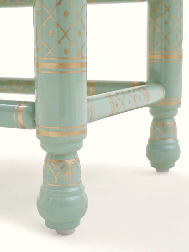 Perspective view of Upholstered Teak Wood Sankheda Square Stool highlighting its overall design and finish