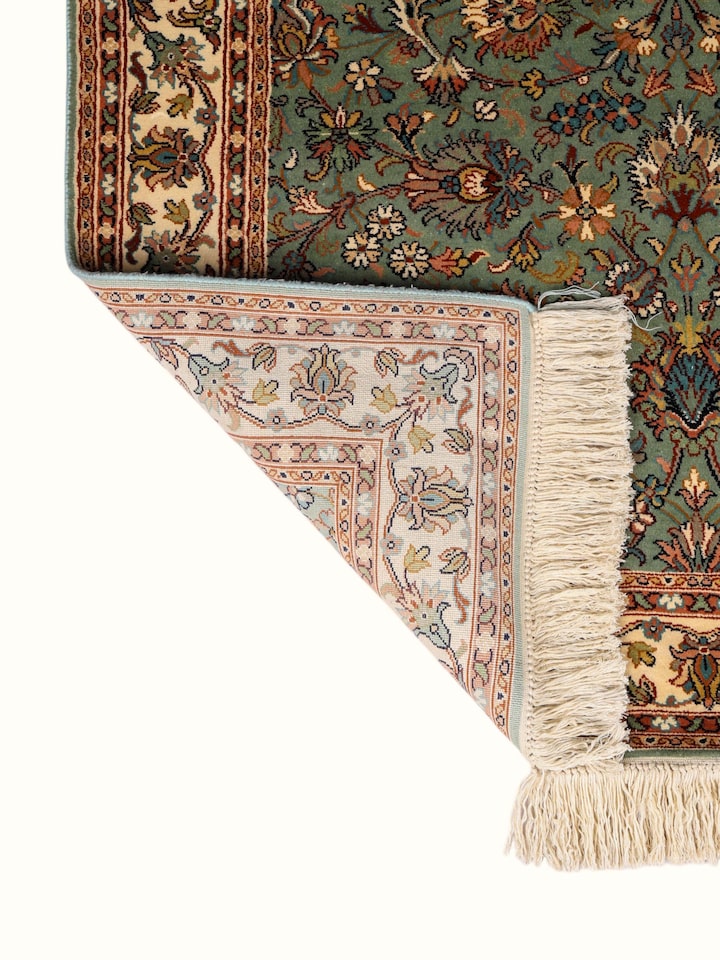 Side-angle view of the Traditional Persian Sage Cream All-Over Kashmir Silk Hand-Knotted Runner