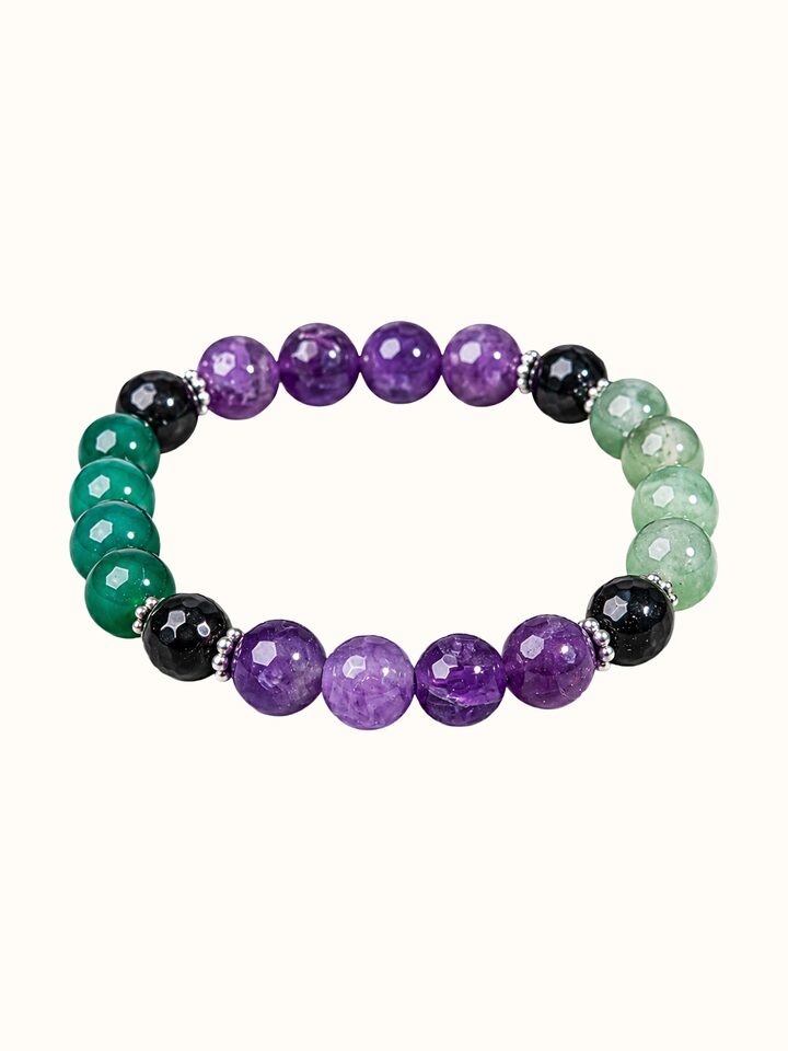 Close-up view of Gemstone Garnet, Black Onyx, Amethyst & Green Onyx Silver Bracelet highlighting the stone setting and metalwork detail