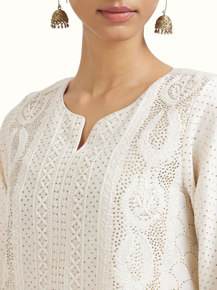 Detail view of the White Chanderi Cotton Silk Chikankari A-Line Kurta