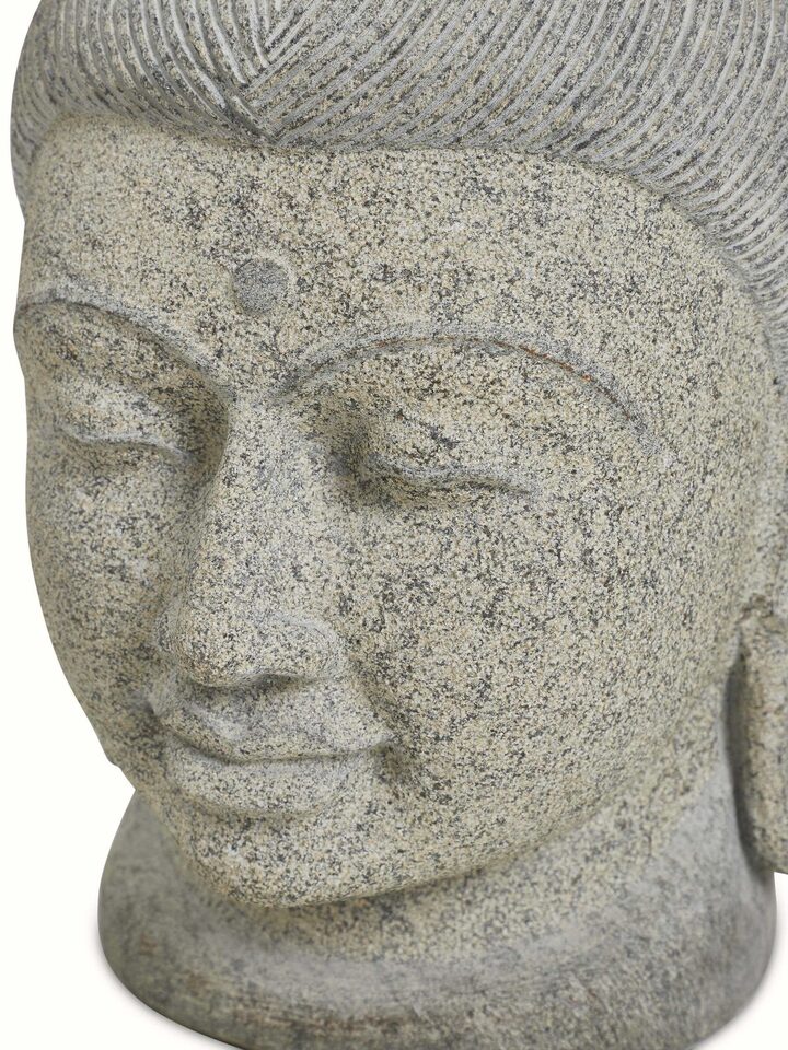 Detail view of the Stone Carved Buddha Head Sculpture