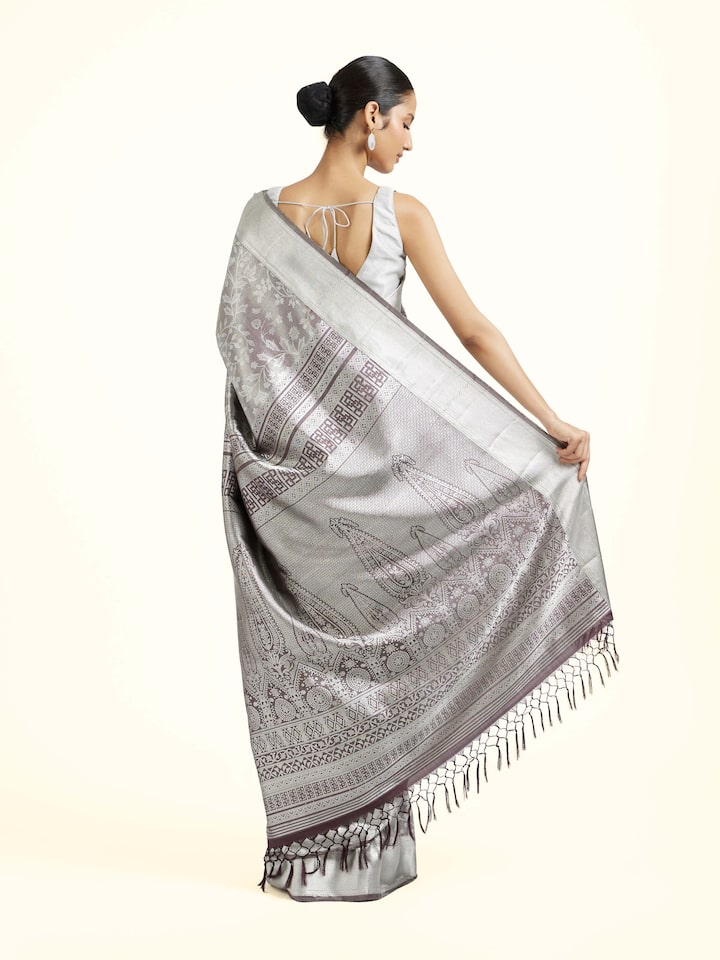 Back view of the Brown Silk Kancheepuram Handloom Real Zari Saree