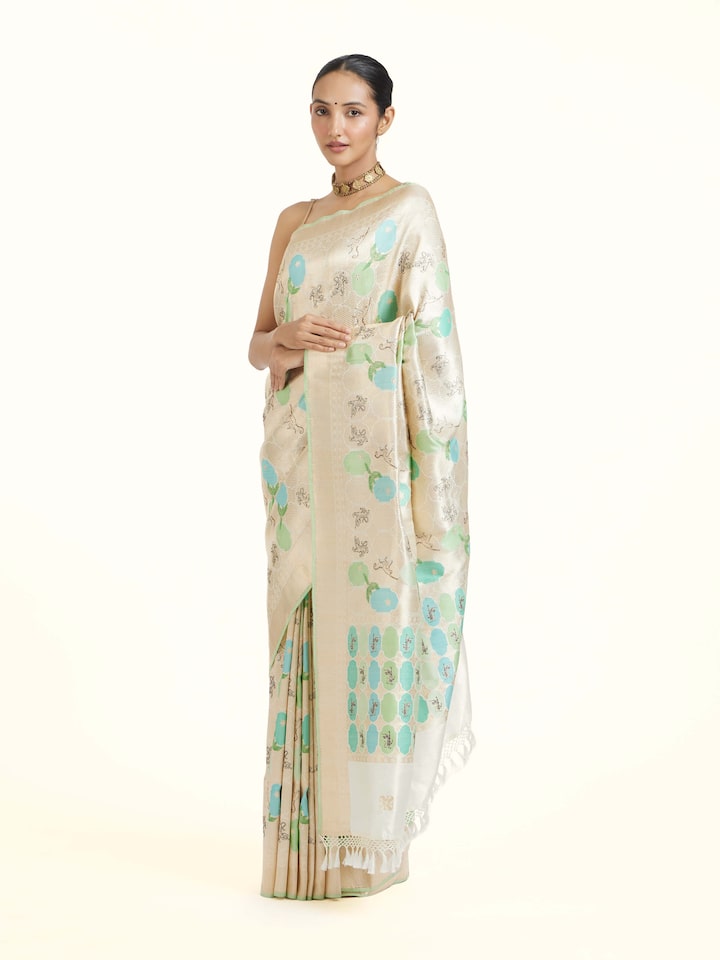 Draped detail view of the Off-white Silk Brocade Handloom Banarasi Saree