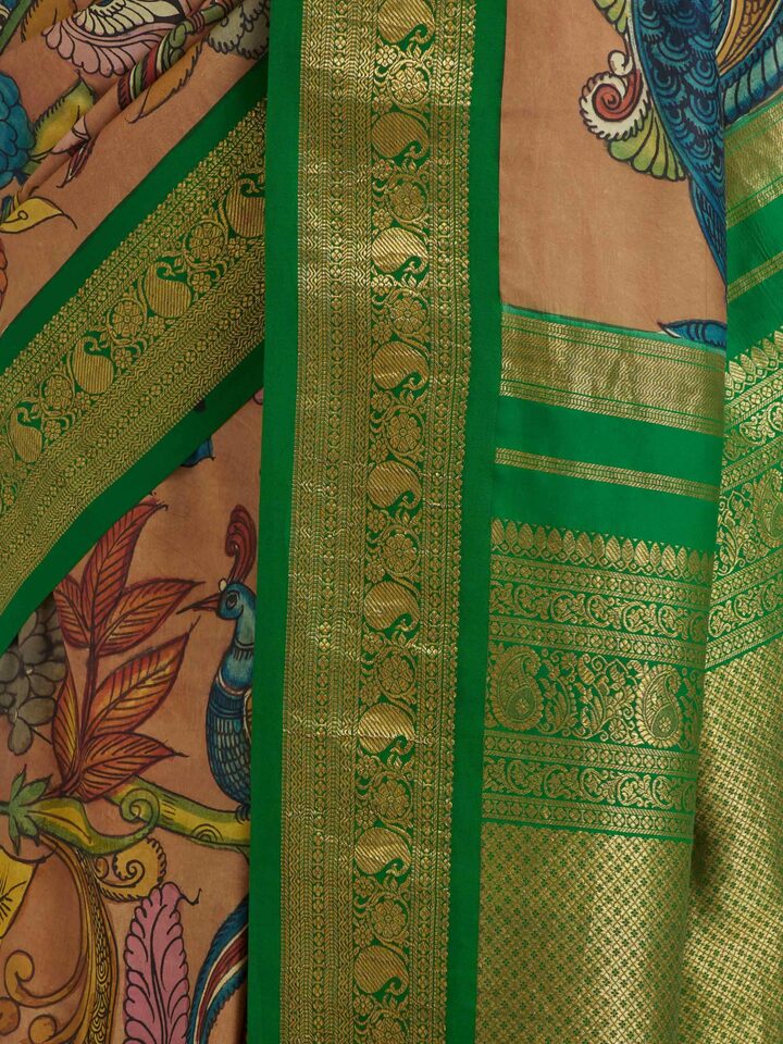 Detail view of the Silk Kalamkari Painted Kanchipuram Saree