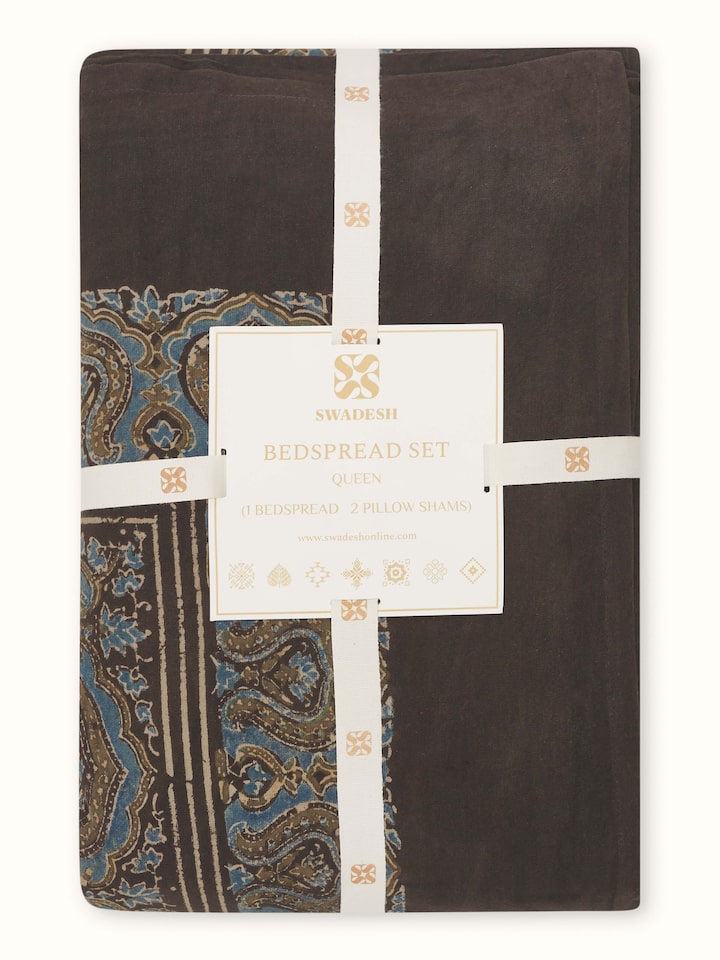 Full view of Sindh dark brown jaal cotton ajrakh block printed queen bedspread set (3 pcs) displaying the complete set with its rich dark brown color and ajrakh prints.