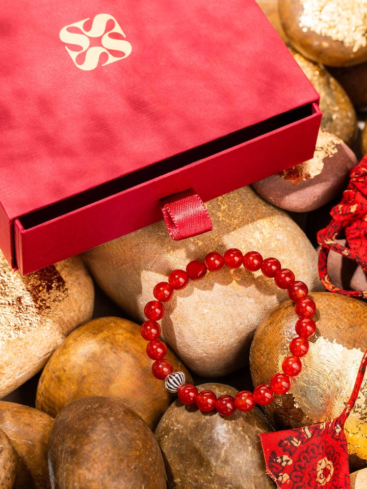 Styled detail view of Carnelian Silver Bracelet shown in an alternate styled shot
